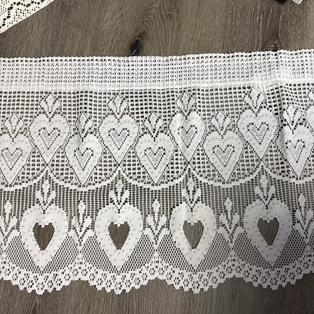 Vintage Ivory Lace Valance Hearts Scalloped Border 15" x 58" Set Of 2